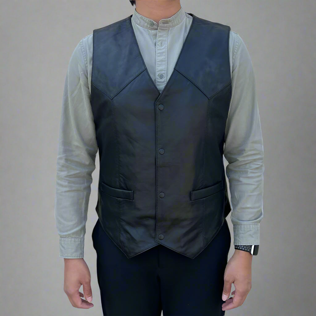 BOB Sheep Leather Vest. Snap Closure & Front Pockets