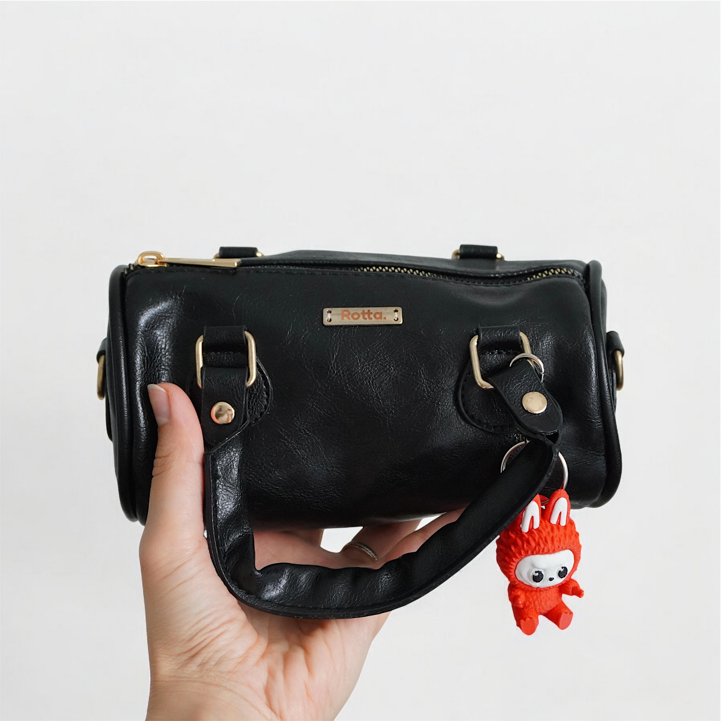 LIA - Elegant Round Mini Leather Bag with Long Strap, barrel bag - Gray & Black