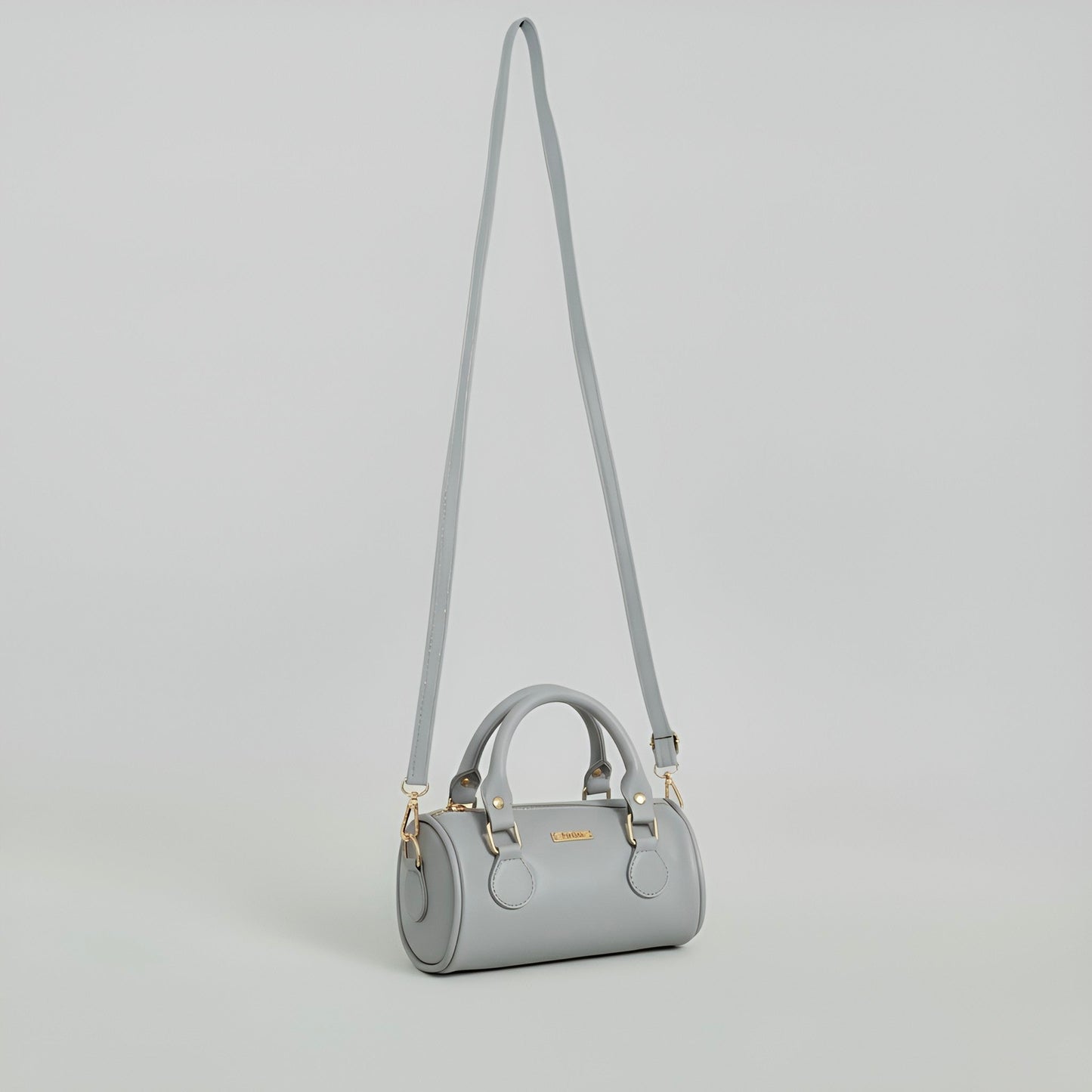 LIA - Elegant Round Mini Leather Bag with Long Strap, barrel bag - Gray & Black