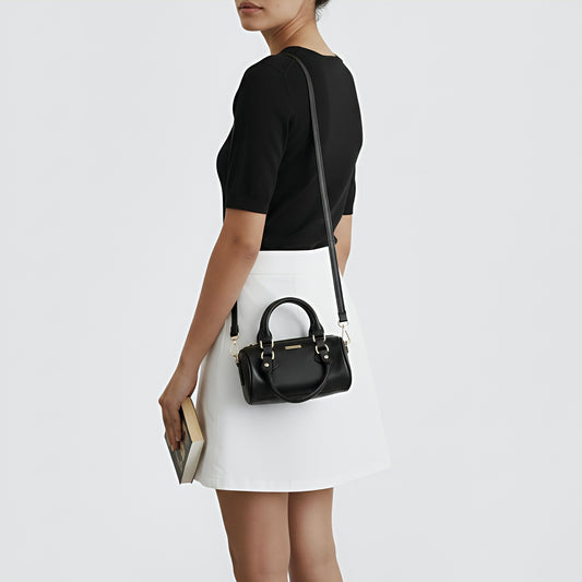 LIA - Elegant Round Mini Leather Bag with Long Strap, barrel bag - Gray & Black