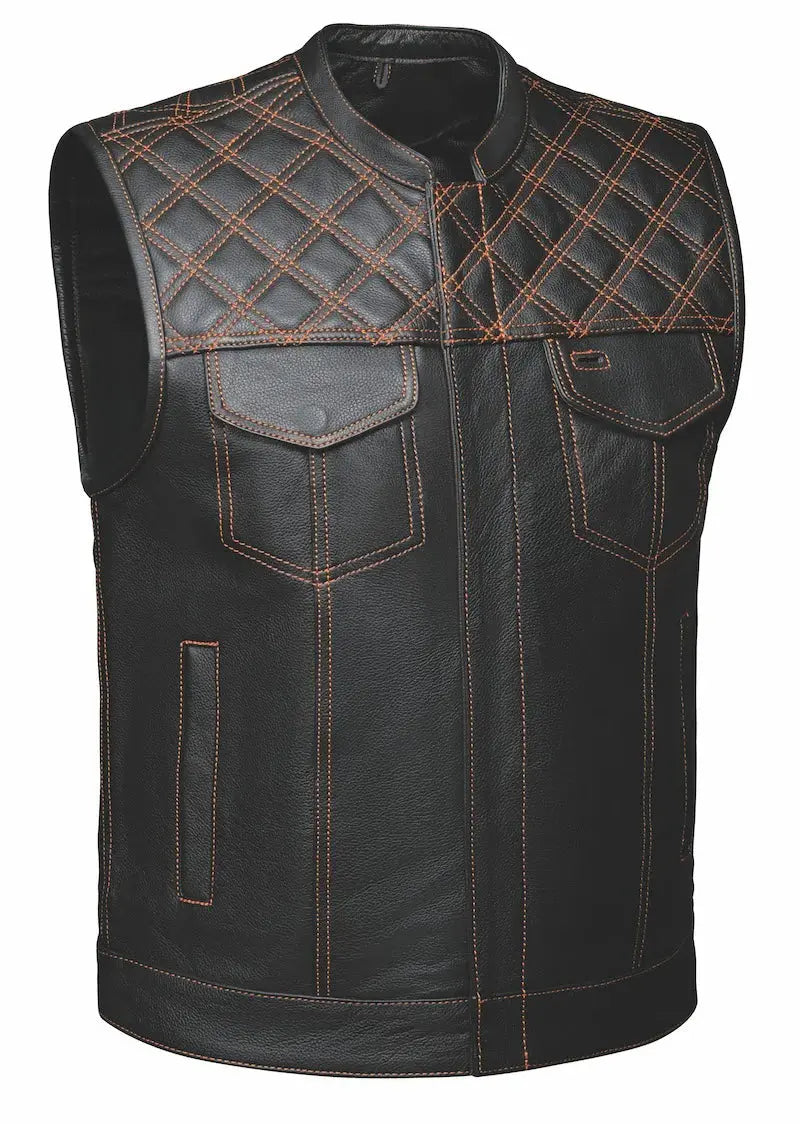 Open Road MTL Upside Leather with Orange Stitched Diamonds Vest