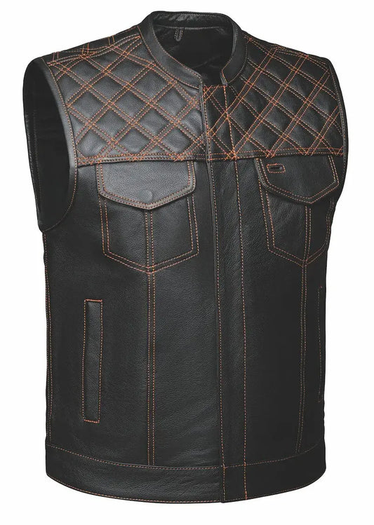 Open Road MTL Upside Leather with Orange Stitched Diamonds Vest