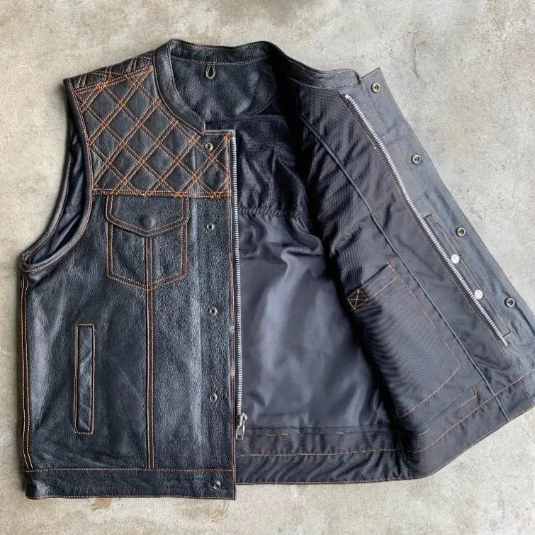 Open Road MTL Upside Leather with Orange Stitched Diamonds Vest