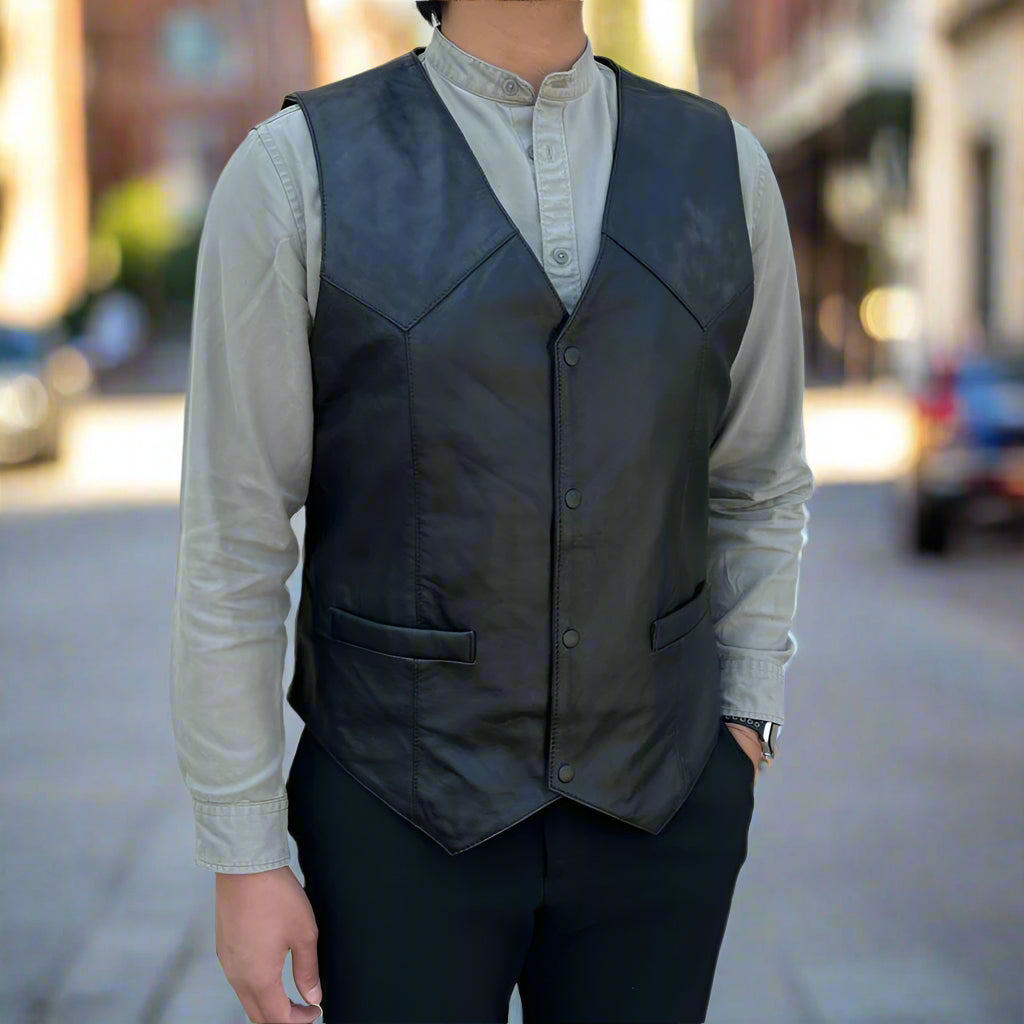 BOB Sheep Leather Vest. Snap Closure & Front Pockets